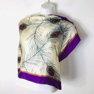Silk Peacock Feather Print Scarf in Cream and Purple